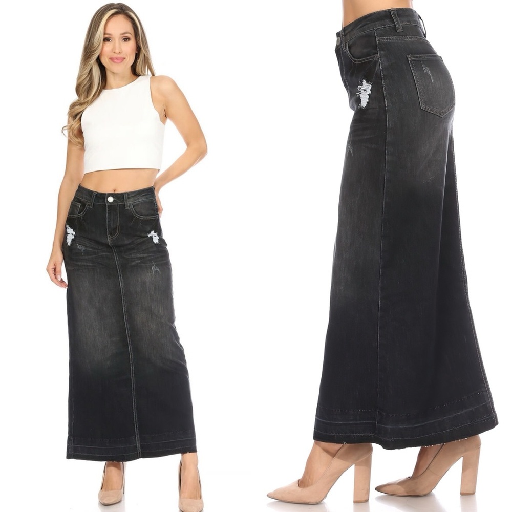 Be-Girl Dark Denim Distressed Long Modest Maxi Stretch Jean Skirt